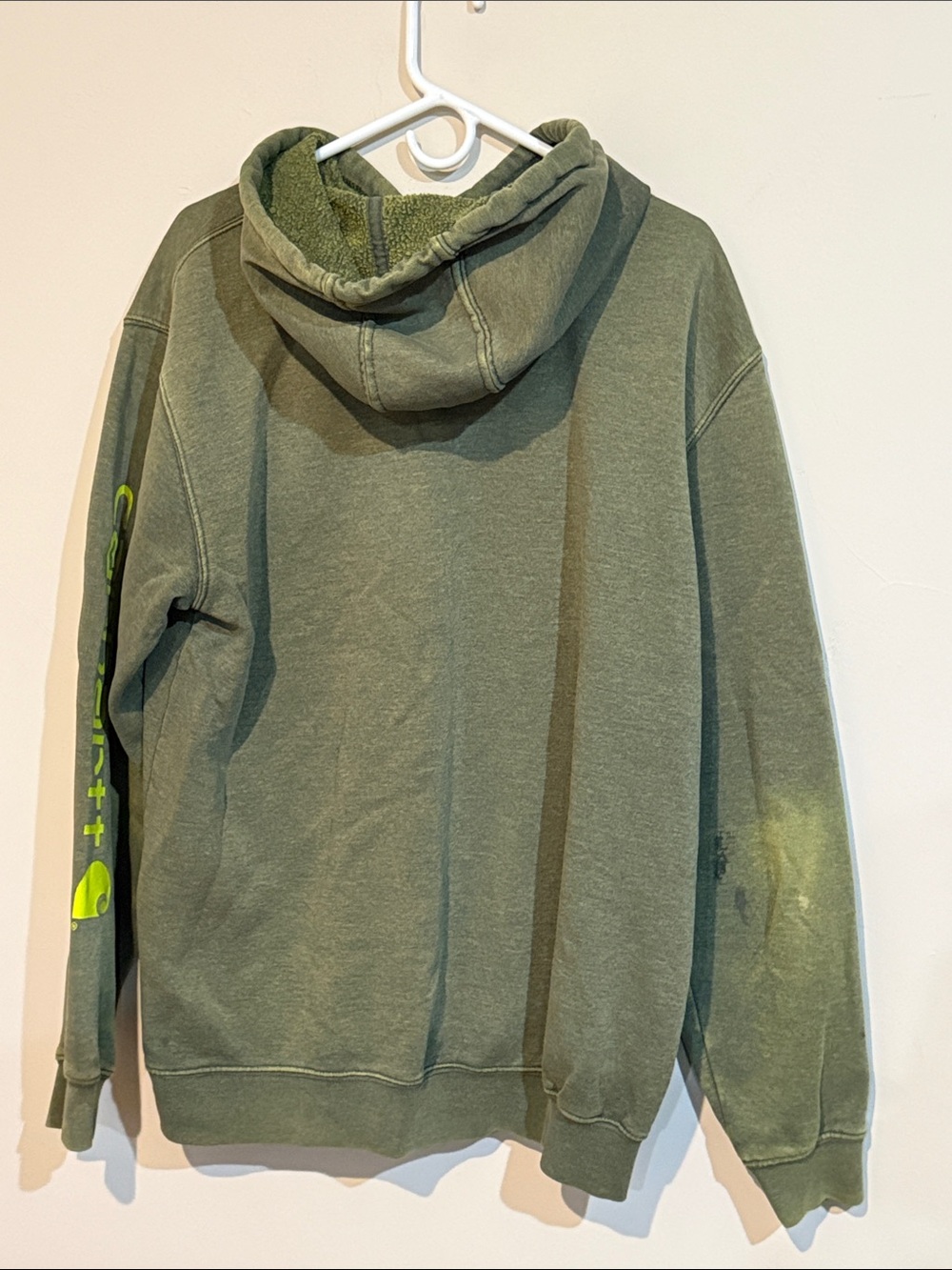 Carhartt Olive Green Crewneck Hoodie with Neon Yellow Sleeve Logo - Picture 2 of 5